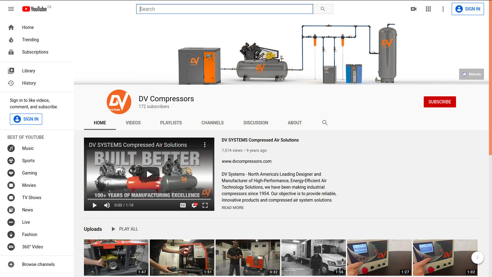 DV Compressors YouTube channel homepage screenshot.